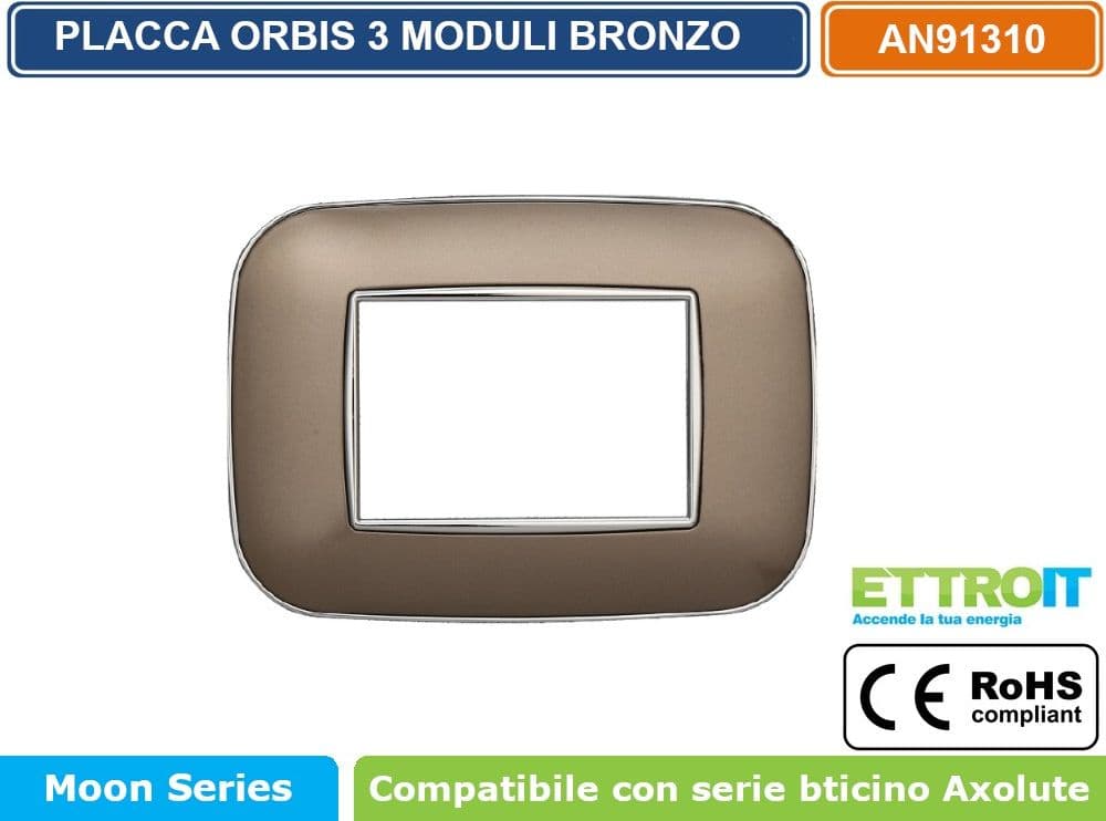 PLACCA ORBIS COLORE BRONZO COMPATIBILE CON SERIE BTICINO AXOLUTE 3 - 4 - 6 MODULI ETTROIT AN91 - 2