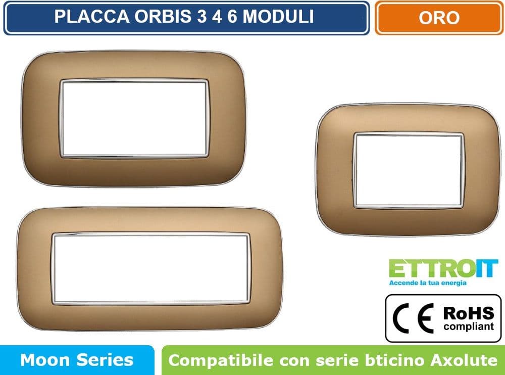 PLACCA ORBIS COLORE ORO COMPATIBILE CON SERIE BTICINO AXOLUTE 3 - 4 - 6 MODULI ETTROIT AN91