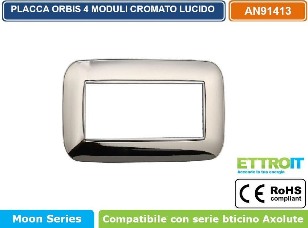 PLACCA ORBIS COLORE CROMATO LUCIDO COMPATIBILE CON SERIE BTICINO AXOLUTE 3 - 4 - 6 MODULI ETTROIT AN91 - 3