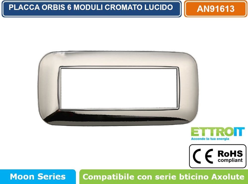 PLACCA ORBIS COLORE CROMATO LUCIDO COMPATIBILE CON SERIE BTICINO AXOLUTE 3 - 4 - 6 MODULI ETTROIT AN91 - 4