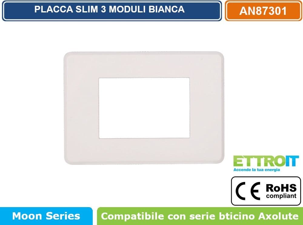 PLACCA IN TECNOPOLIMERO SLIM COLORE BIANCO COMPATIBILE CON SERIE BTICINO AXOLUTE 3 - 4 - 6 MODULI ETTROIT AN87 - 2