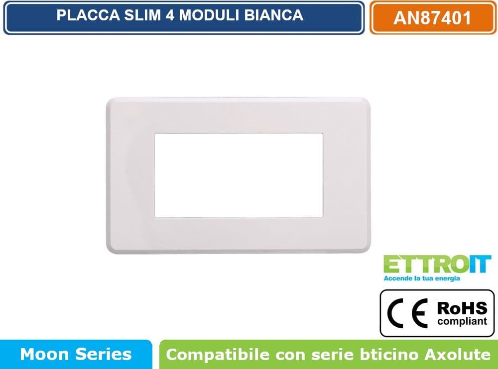 PLACCA IN TECNOPOLIMERO SLIM COLORE BIANCO COMPATIBILE CON SERIE BTICINO AXOLUTE 3 - 4 - 6 MODULI ETTROIT AN87 - 3