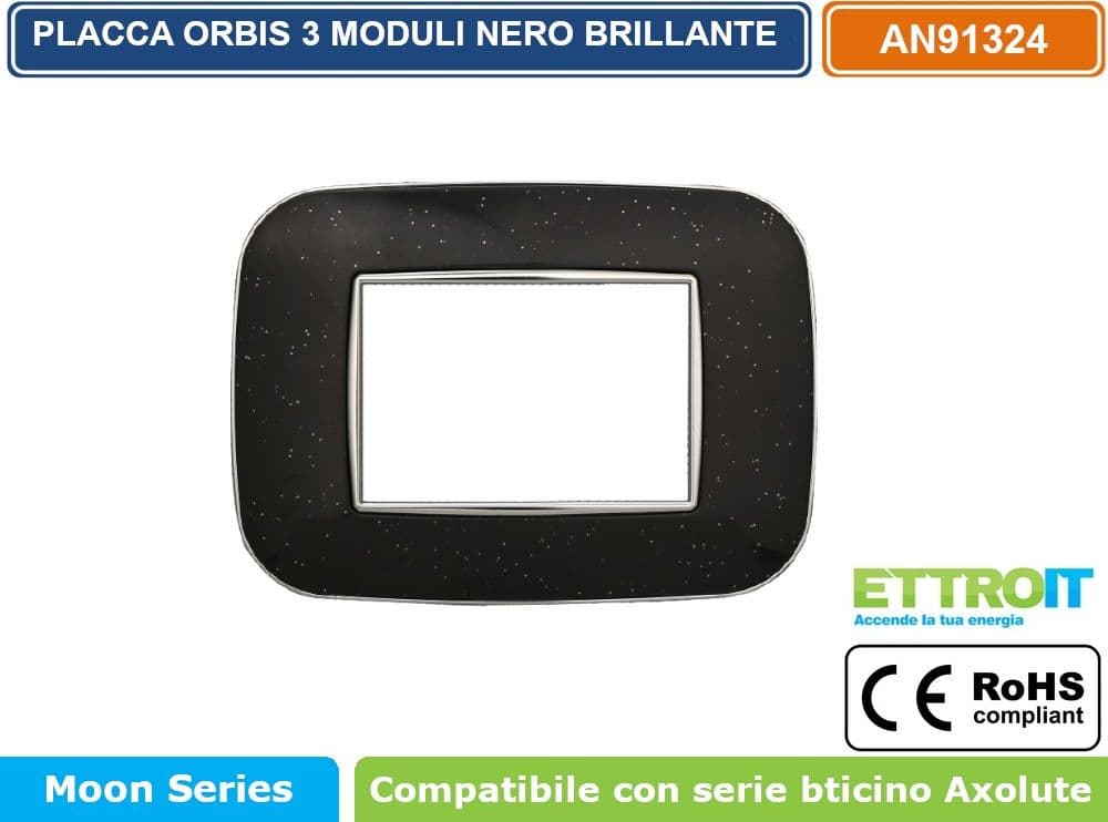 PLACCA ORBIS COLORE NERO BRILLANTE COMPATIBILE CON SERIE BTICINO AXOLUTE 3 - 4 - 6 MODULI ETTROIT AN91 - 2