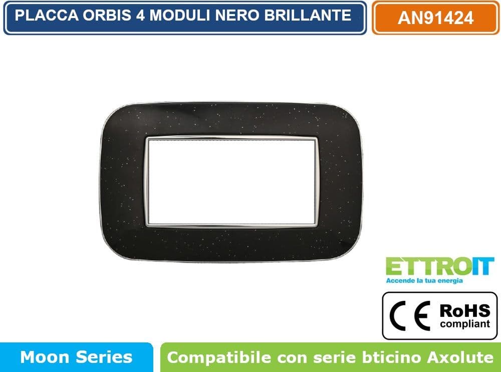 PLACCA ORBIS COLORE NERO BRILLANTE COMPATIBILE CON SERIE BTICINO AXOLUTE 3 - 4 - 6 MODULI ETTROIT AN91 - 3