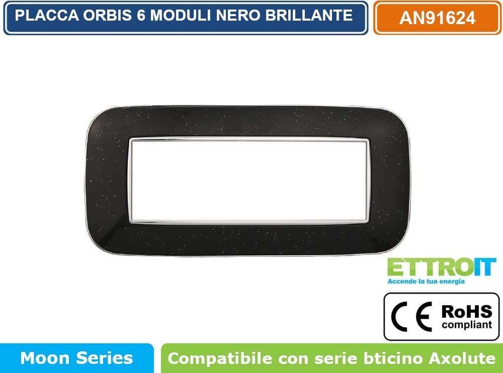PLACCA ORBIS COLORE NERO BRILLANTE COMPATIBILE CON SERIE BTICINO AXOLUTE 3 - 4 - 6 MODULI ETTROIT AN91 - 4