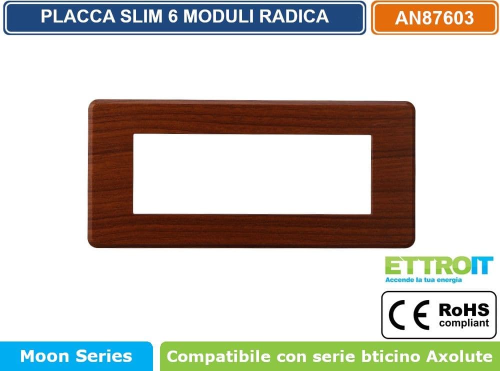 PLACCA IN TECNOPOLIMERO SLIM COLORE RADICA COMPATIBILE CON SERIE BTICINO AXOLUTE 3 - 4 - 6 MODULI ETTROIT AN87 - 4