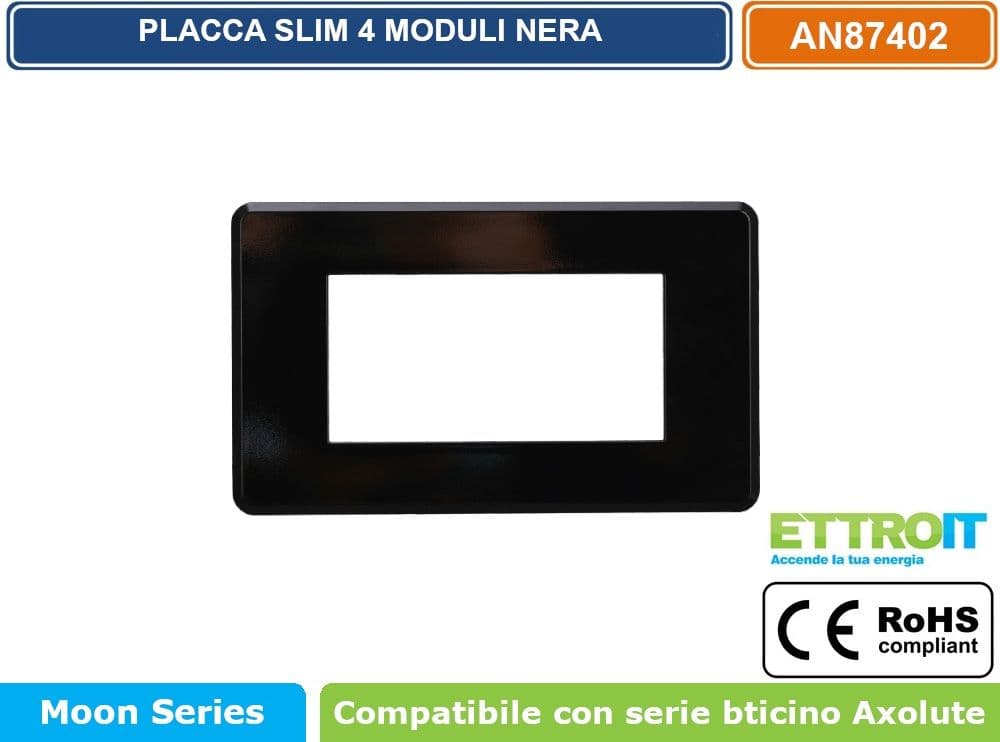 PLACCA IN TECNOPOLIMERO SLIM COLORE NERO COMPATIBILE CON SERIE BTICINO AXOLUTE 3 - 4 - 6 MODULI ETTROIT AN87 - 3