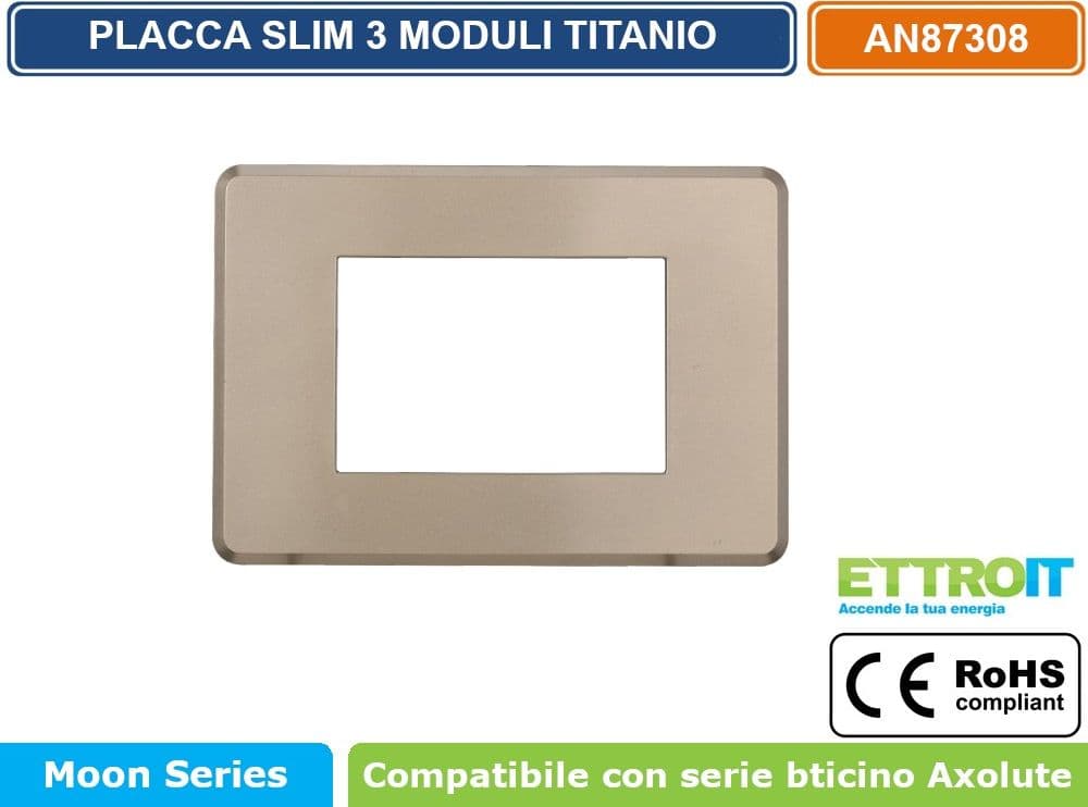 PLACCA IN TECNOPOLIMERO SLIM COLORE TITANIO COMPATIBILE CON SERIE BTICINO AXOLUTE 3 - 4 - 6 MODULI ETTROIT AN87 - 2
