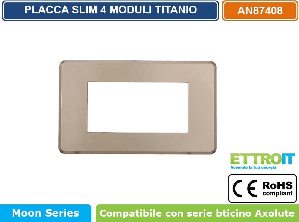 PLACCA IN TECNOPOLIMERO SLIM COLORE TITANIO COMPATIBILE CON SERIE BTICINO AXOLUTE 3 - 4 - 6 MODULI ETTROIT AN87 - 3