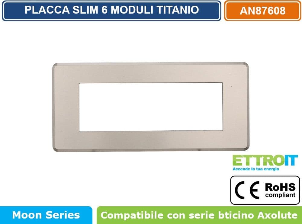 PLACCA IN TECNOPOLIMERO SLIM COLORE TITANIO COMPATIBILE CON SERIE BTICINO AXOLUTE 3 - 4 - 6 MODULI ETTROIT AN87 - 4