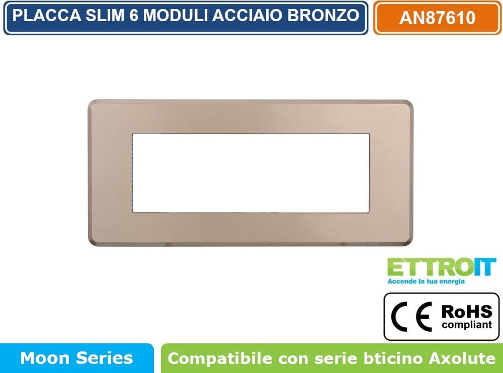 PLACCA IN TECNOPOLIMERO SLIM COLORE ACCIAIO BRONZO COMPATIBILE CON SERIE BTICINO AXOLUTE 3 - 4 - 6 MODULI ETTROIT AN87 - 4