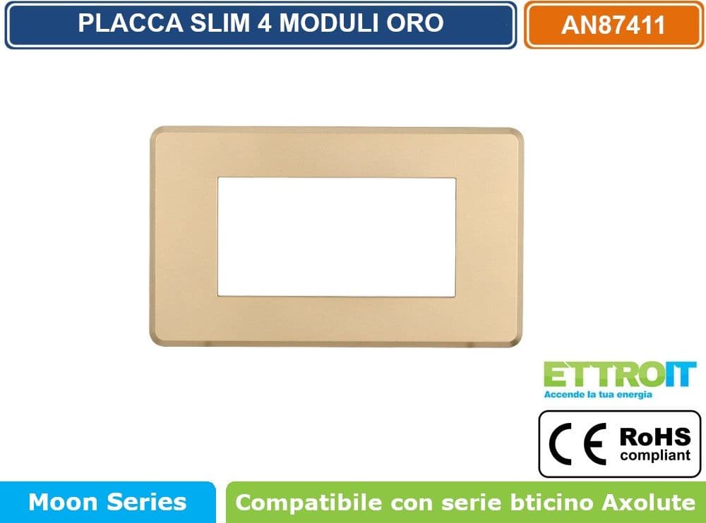 PLACCA IN TECNOPOLIMERO SLIM COLORE ORO COMPATIBILE CON SERIE BTICINO AXOLUTE 3 - 4 - 6 MODULI ETTROIT AN87 - 3