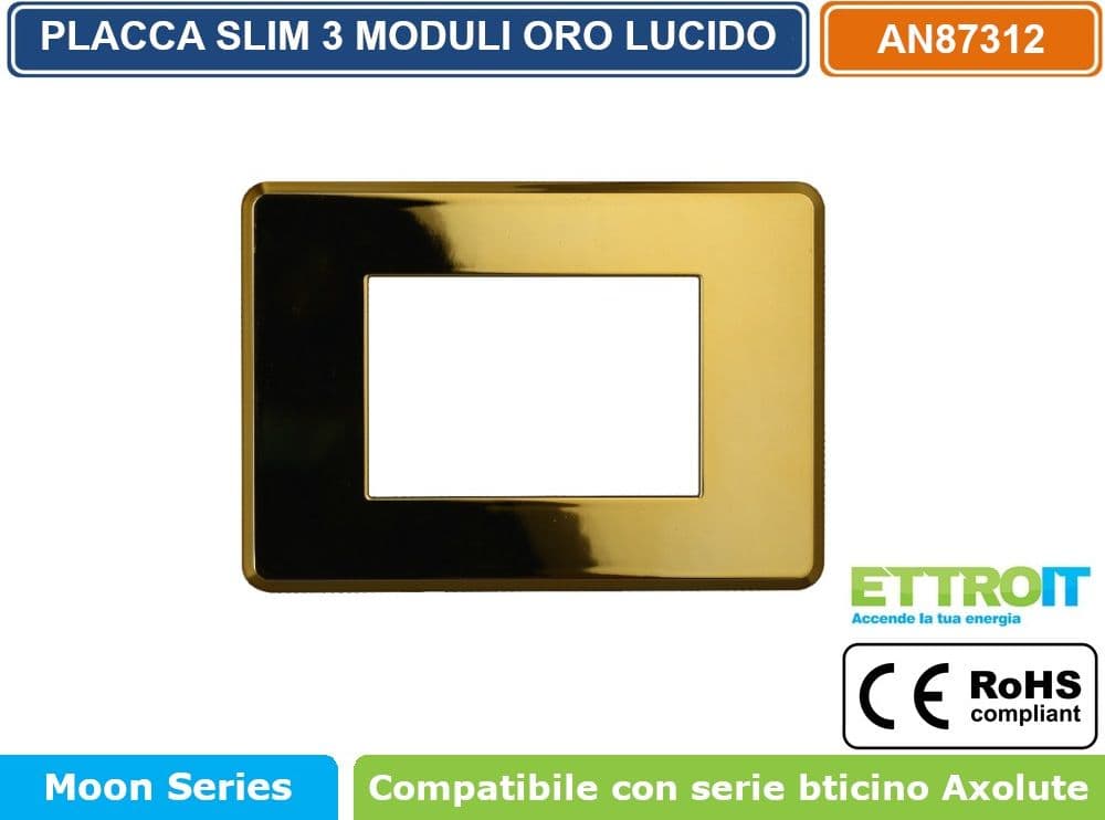 PLACCA IN TECNOPOLIMERO SLIM COLORE ORO LUCIDO COMPATIBILE CON SERIE BTICINO AXOLUTE 3 - 4 - 6 MODULI ETTROIT AN87 - 2