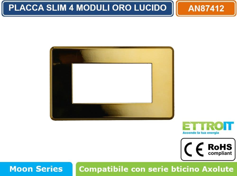 PLACCA IN TECNOPOLIMERO SLIM COLORE ORO LUCIDO COMPATIBILE CON SERIE BTICINO AXOLUTE 3 - 4 - 6 MODULI ETTROIT AN87 - 3