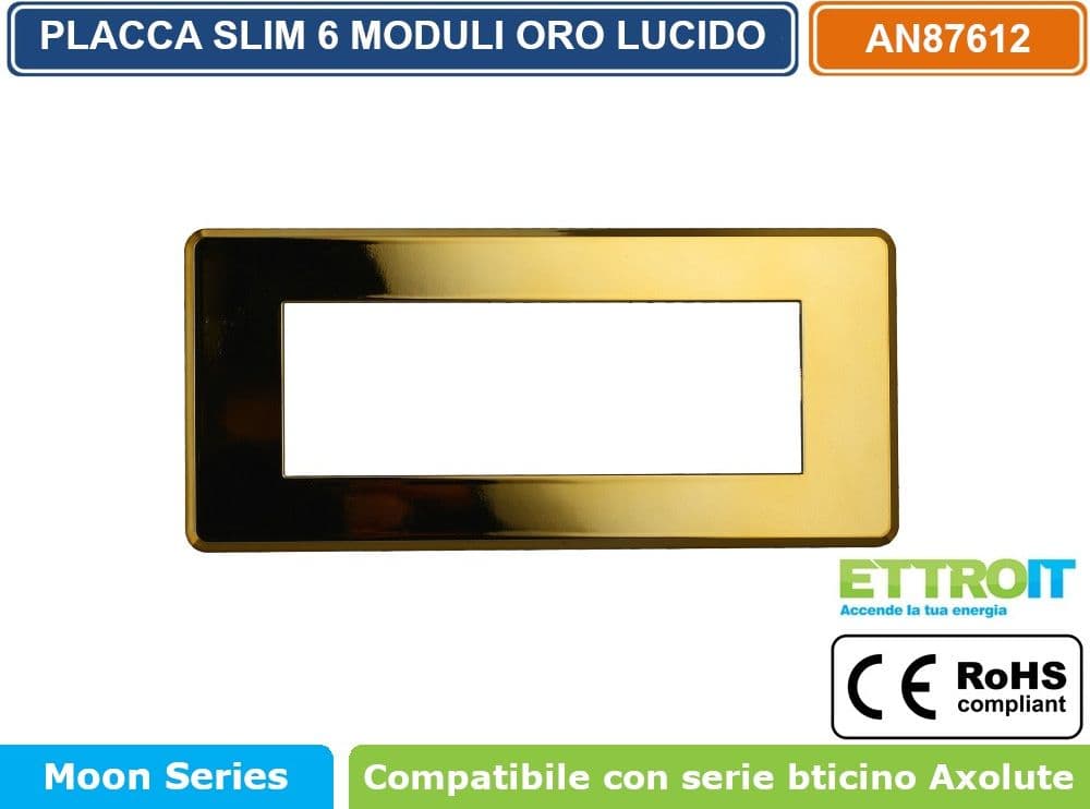 PLACCA IN TECNOPOLIMERO SLIM COLORE ORO LUCIDO COMPATIBILE CON SERIE BTICINO AXOLUTE 3 - 4 - 6 MODULI ETTROIT AN87 - 4