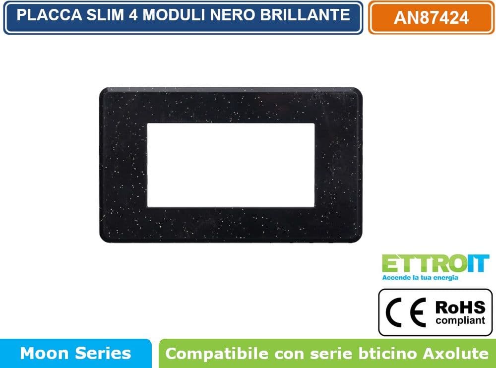 PLACCA IN TECNOPOLIMERO SLIM COLORE NERO BRILLANTE COMPATIBILE CON SERIE BTICINO AXOLUTE 3 - 4 - 6 MODULI ETTROIT AN87 - 3