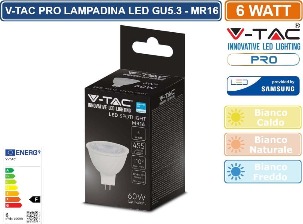 V-TAC PRO VT-257 LAMPADINA LED GU5.3 (MR16) 6W FARETTO SPOTLIGHT CHIP SAMSUNG - SKU 21204 - 21205 -  21206 - 2