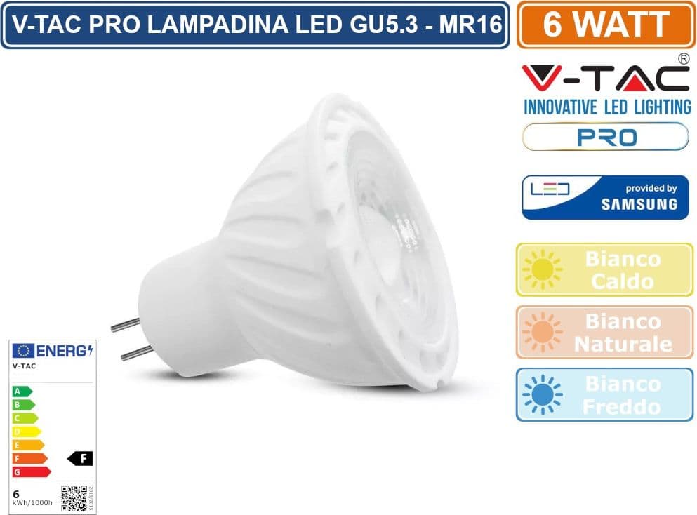 V-TAC PRO VT-257 LAMPADINA LED GU5.3 (MR16) 6W FARETTO SPOTLIGHT CHIP SAMSUNG - SKU 21204 - 21205 -  21206 - 3