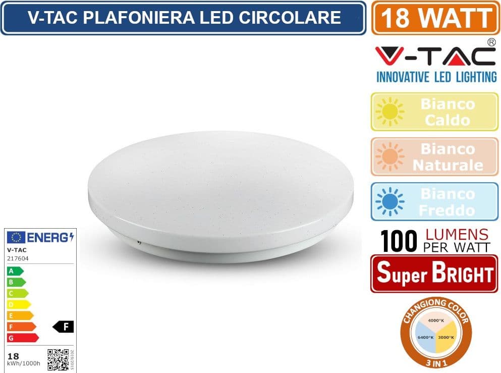 V-TAC GALLERY VT-8418 PLAFONIERA LED 18W CHANGING COLOR 3IN1 FORMA CIRCOLARE EFFETTO CIELO STELLATO - SKU 217604 - 3