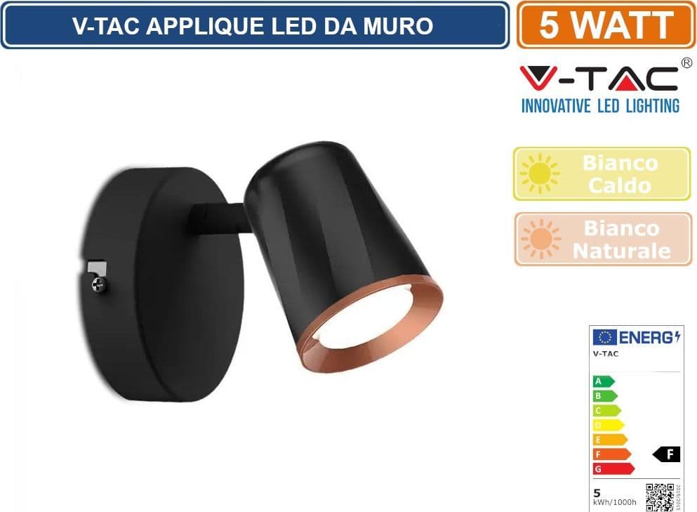 V-TAC VT-806 LAMPADA DA MURO WALL LIGHT LED 5W COLORE NERO - SKU 218251 / 218253 - 3