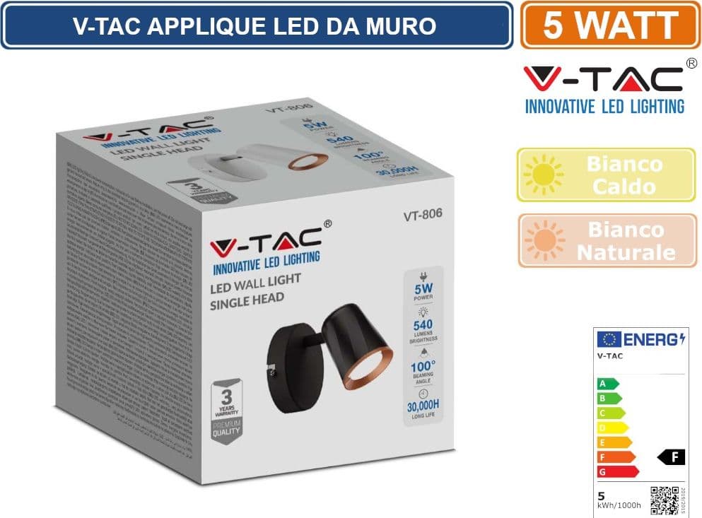 V-TAC VT-806 LAMPADA DA MURO WALL LIGHT LED 5W COLORE NERO - SKU 218251 / 218253 - 2