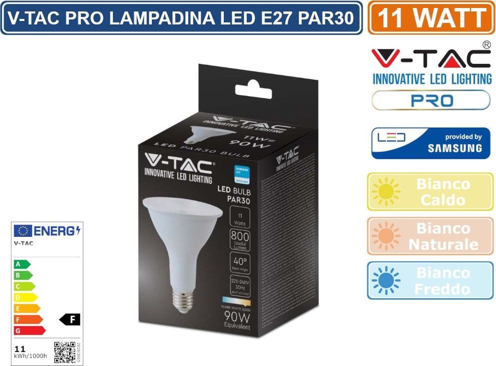 V-TAC PRO VT-230 LAMPADINA LED E27 11W BULB PAR LAMP PAR30 CHIP SAMSUNG - SKU 21153 / 21154 / 21155 - 2