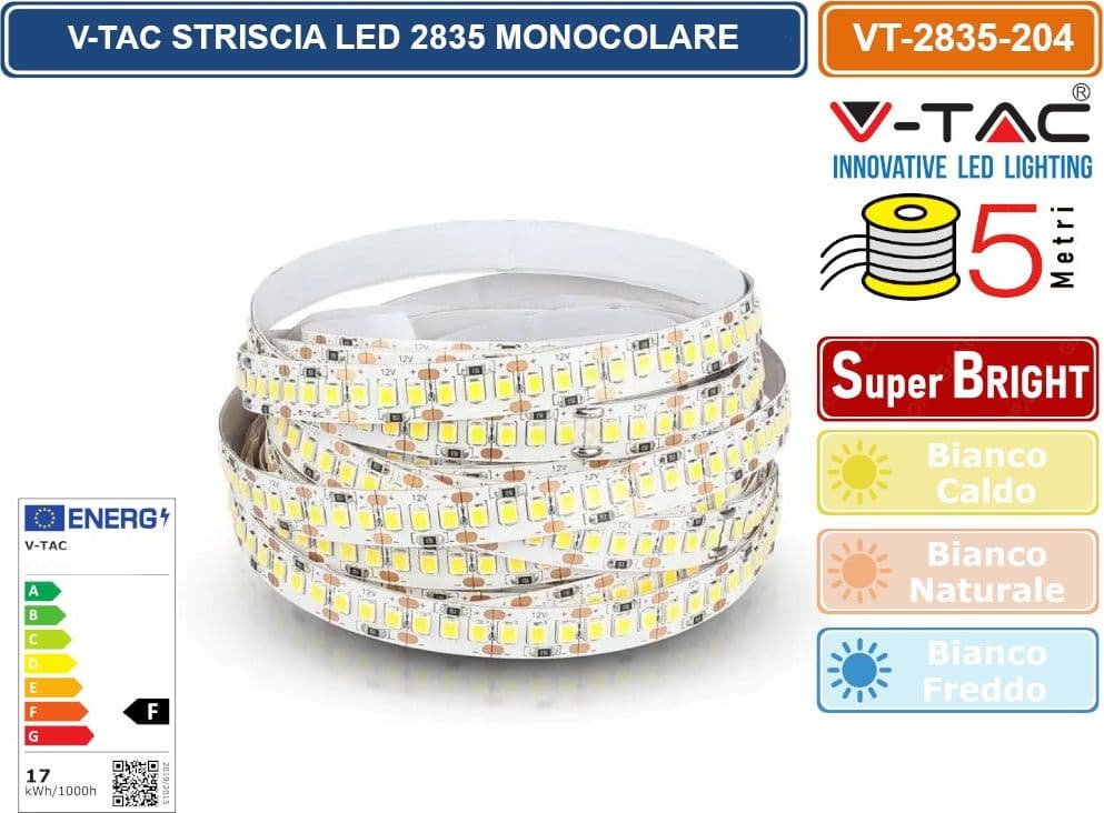 V-TAC STRISCIA LED 3528 MONOCOLORE 204 LED/METRO - BOBINA DA 5 METRI - SKU 212461 / 212462 / 212463 - 2