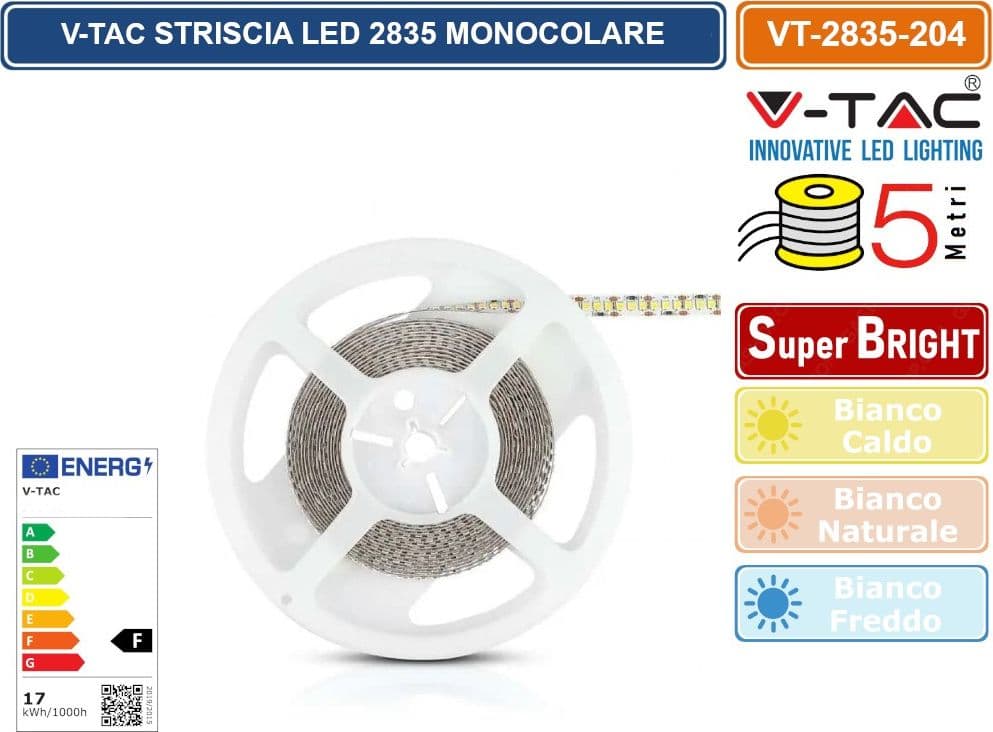 V-TAC STRISCIA LED 3528 MONOCOLORE 204 LED/METRO - BOBINA DA 5 METRI - SKU 212461 / 212462 / 212463 - 3