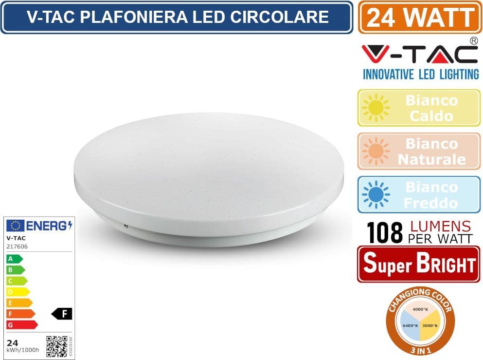 V-TAC VT-8424 PLAFONIERA LED 24W CHANGING COLOR 3IN1 FORMA CIRCOLARE EFFETTO CIELO STELLATO - SKU 217606 - 2