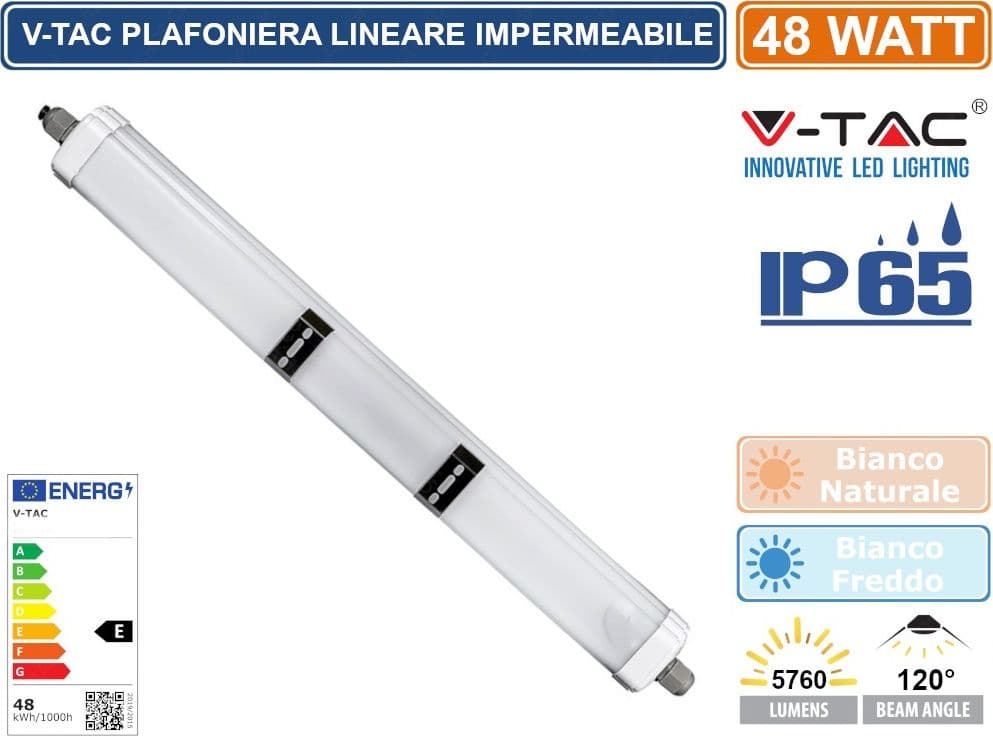 V-TAC VT-1574 TUBO LED PLAFONIERA 48W LAMPADINA 150CM IMPERMEABILE - SKU 216287 / 216286 - 2