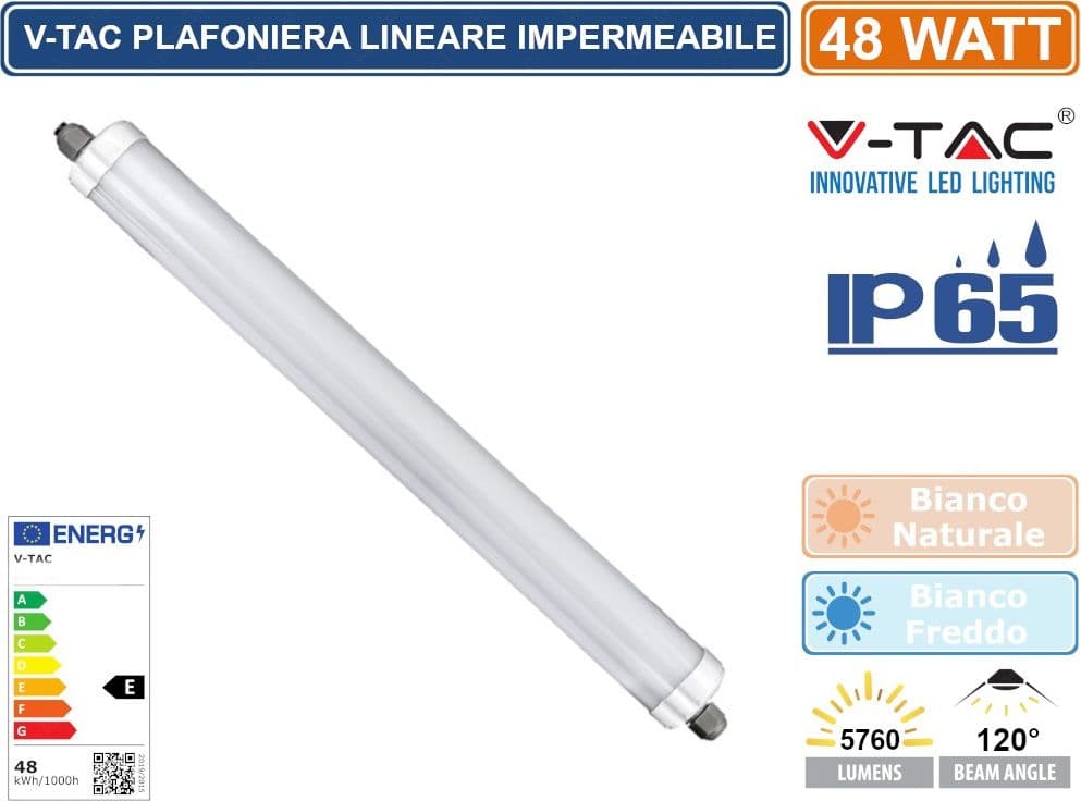 V-TAC VT-1574 TUBO LED PLAFONIERA 48W LAMPADINA 150CM IMPERMEABILE - SKU 216287 / 216286 - 3
