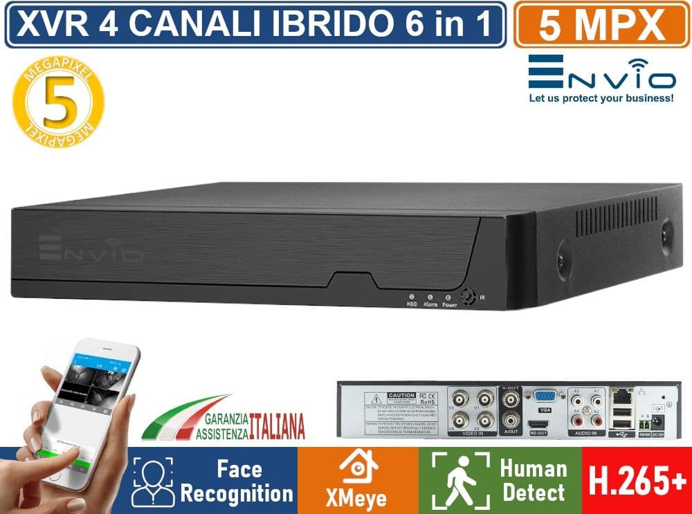 XVR DVR 6in1 AHD CVI TVI CVBS XVI IP 4 CANALI 5MP HUMAN DETECT FACE RECOGNITION P2P UTC XMEYE