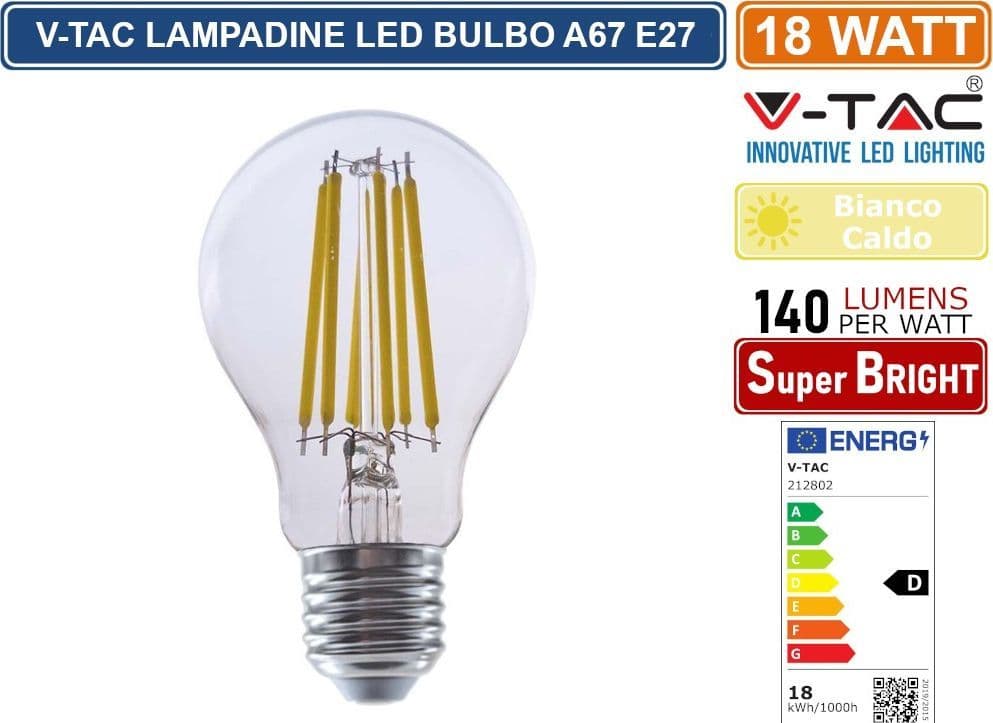 V-TAC VT-2328 LAMPADINA LED E27 18W BULB A70 FILAMENTO VETRO TRASPARENTE - SKU 212802 - 3
