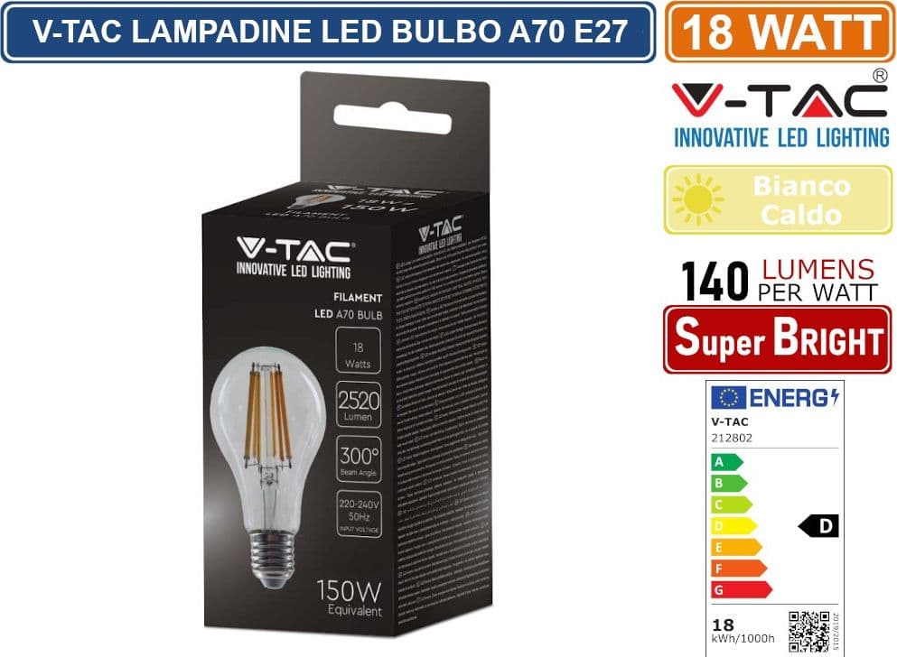 V-TAC VT-2328 LAMPADINA LED E27 18W BULB A70 FILAMENTO VETRO TRASPARENTE - SKU 212802 - 2