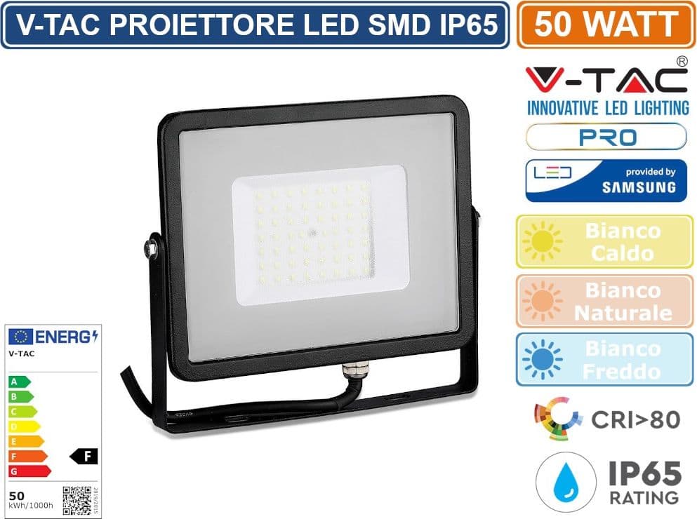 V-TAC PRO VT-50 FARO LED SMD 50W ULTRASOTTILE CHIP SAMSUNG DA ESTERNO COLORE NERO - SKU 21406 / 21407 / 21408
