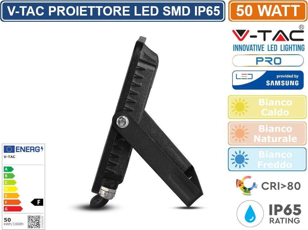 V-TAC PRO VT-50 FARO LED SMD 50W ULTRASOTTILE CHIP SAMSUNG DA ESTERNO COLORE NERO - SKU 21406 / 21407 / 21408 - 5