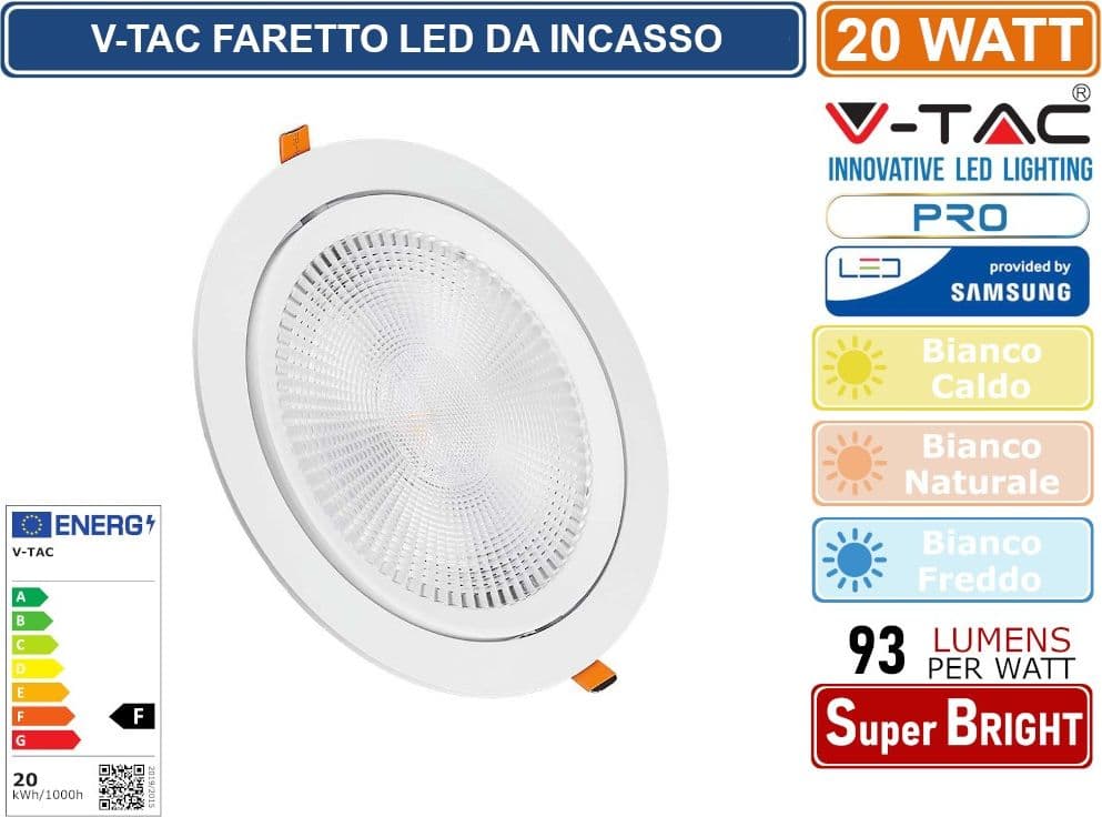V-TAC PRO VT-2-20 FARETTO LED DA INCASSO ROTONDO 20W COB CHIP SAMSUNG - SKU 21842 / 21843 / 21844 - 2