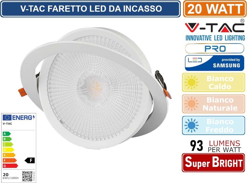 V-TAC PRO VT-2-20 FARETTO LED DA INCASSO ROTONDO 20W COB CHIP SAMSUNG - SKU 21842 / 21843 / 21844 - 3