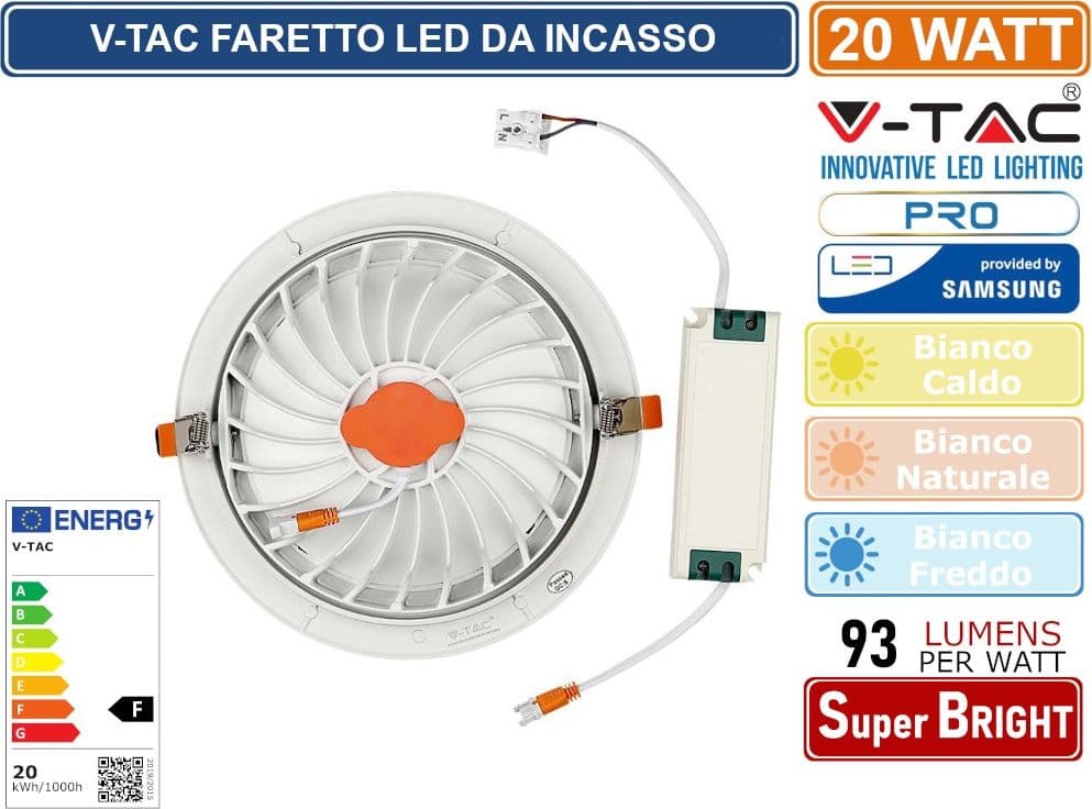 V-TAC PRO VT-2-20 FARETTO LED DA INCASSO ROTONDO 20W COB CHIP SAMSUNG - SKU 21842 / 21843 / 21844 - 4