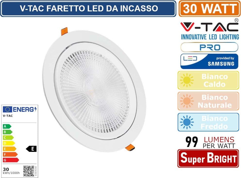 V-TAC PRO VT-2-30 FARETTO LED DA INCASSO ROTONDO 30W COB CHIP SAMSUNG - SKU 21845 / 21846 / 21832 - 2