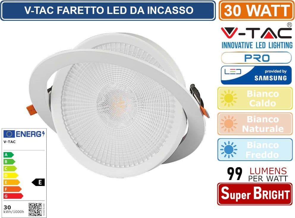 V-TAC PRO VT-2-30 FARETTO LED DA INCASSO ROTONDO 30W COB CHIP SAMSUNG - SKU 21845 / 21846 / 21832 - 3