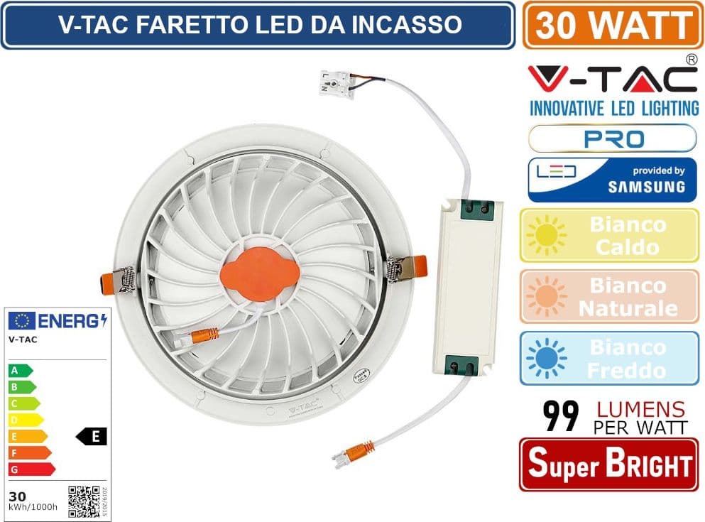 V-TAC PRO VT-2-30 FARETTO LED DA INCASSO ROTONDO 30W COB CHIP SAMSUNG - SKU 21845 / 21846 / 21832 - 4