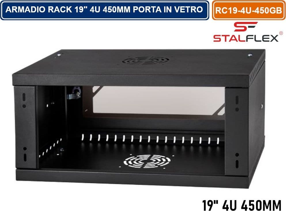 ARMADIO RACK 19" 4U 450MM QUADRO A PARETE NERO RAL9005 CON SPORTELLO IN VETRO REVERSIBILE - 2