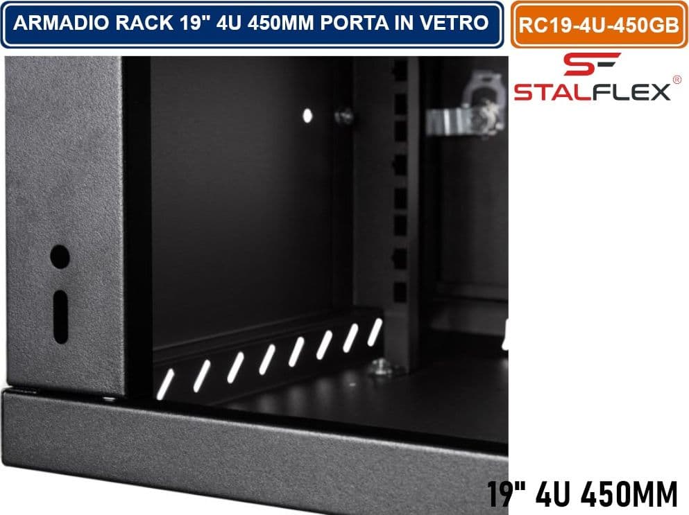 ARMADIO RACK 19" 4U 450MM QUADRO A PARETE NERO RAL9005 CON SPORTELLO IN VETRO REVERSIBILE - 3