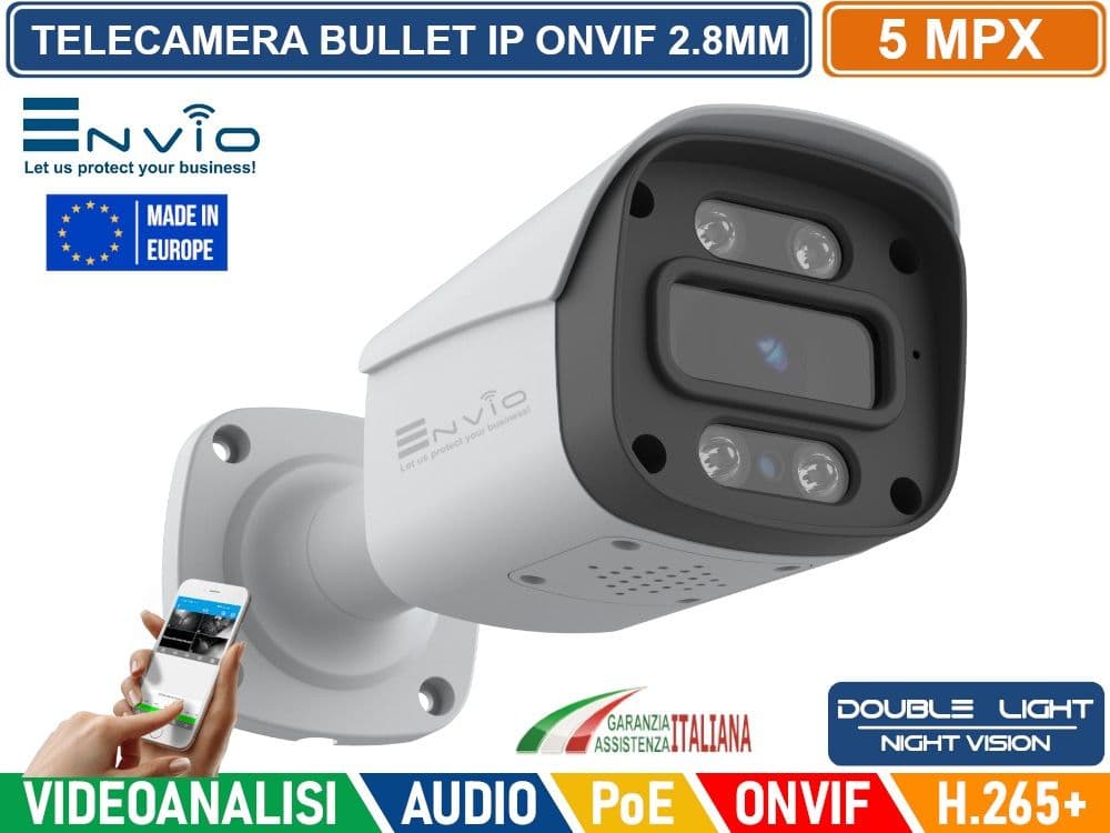 TELECAMERA BULLET IP DOUBLE LIGHT 5M POE ONVIF H.265+ VISIONE NOTTURNA A COLORI 30 METRI AUDIO ANALISI VIDEO - 2