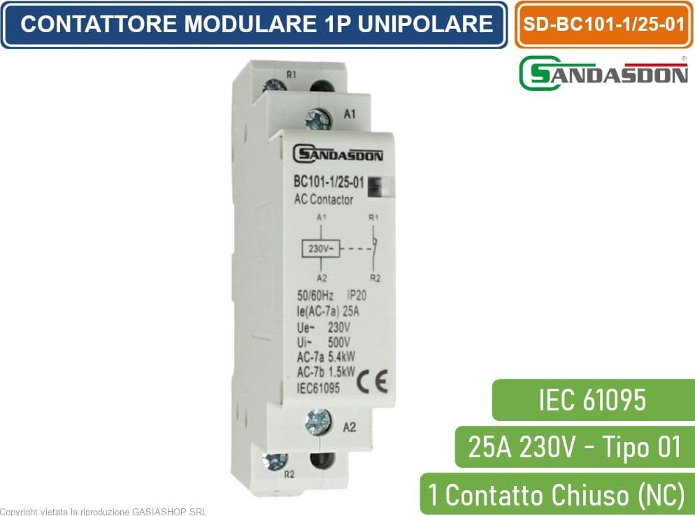 SANDASDON CONTATTORE MODULARE SU BARRA DIN 1P UNIPOLARE 25A 230V 1 CONTATTO CHIUSO NC TIPO 01 - 3