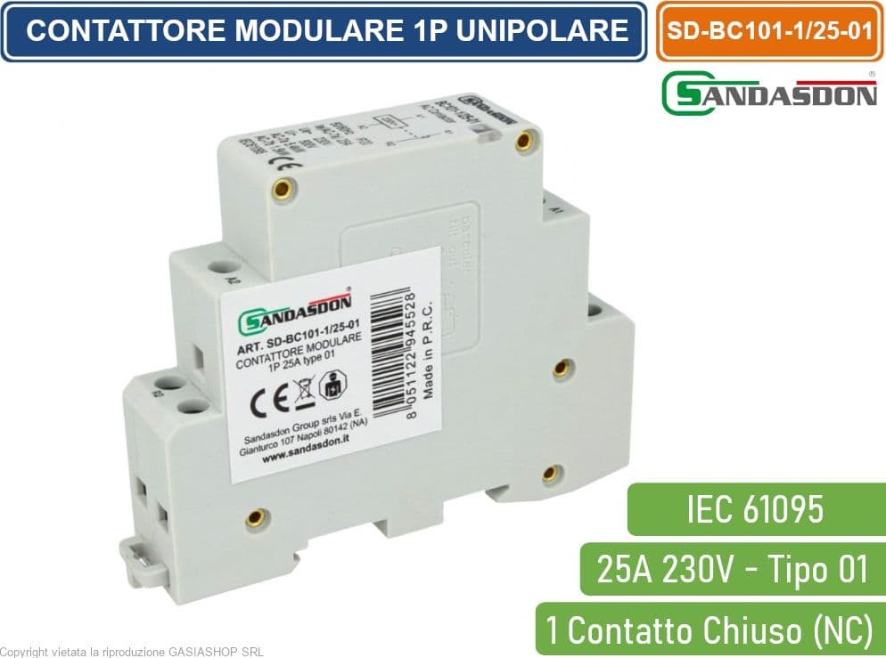 SANDASDON CONTATTORE MODULARE SU BARRA DIN 1P UNIPOLARE 25A 230V 1 CONTATTO CHIUSO NC TIPO 01 - 2
