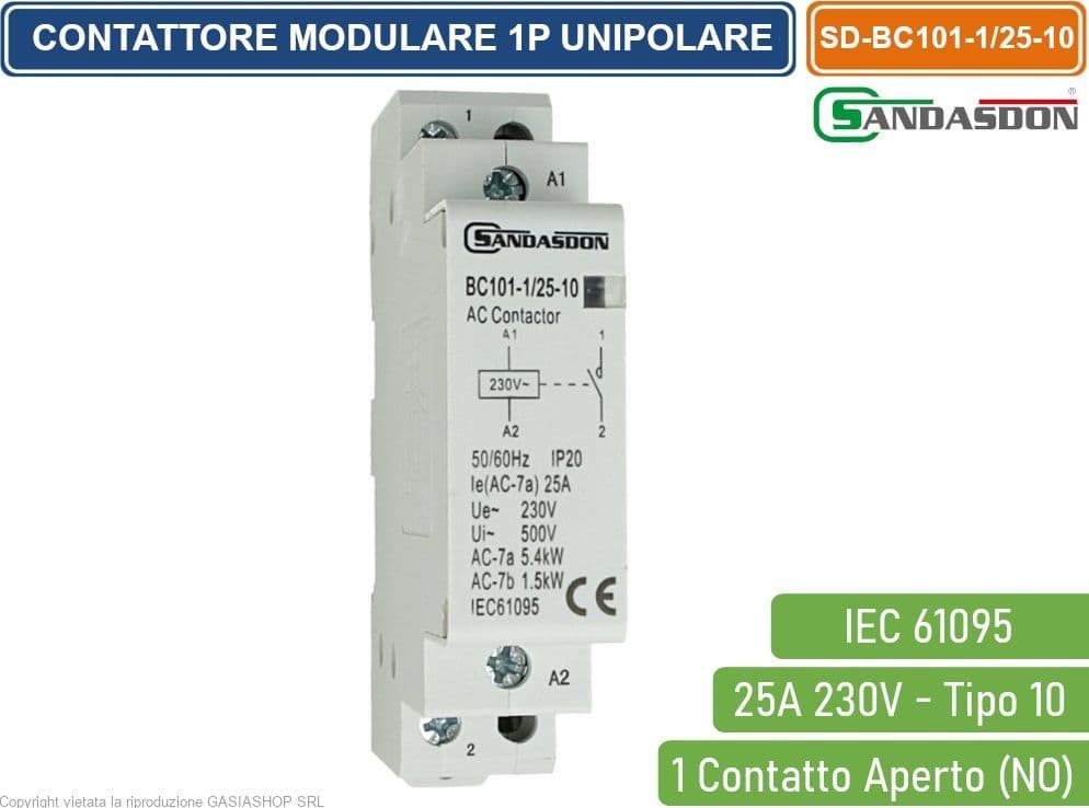 SANDASDON CONTATTORE MODULARE SU BARRA DIN 1P UNIPOLARE 25A 230V 1 CONTATTO APERTO NO TIPO 10 - 3