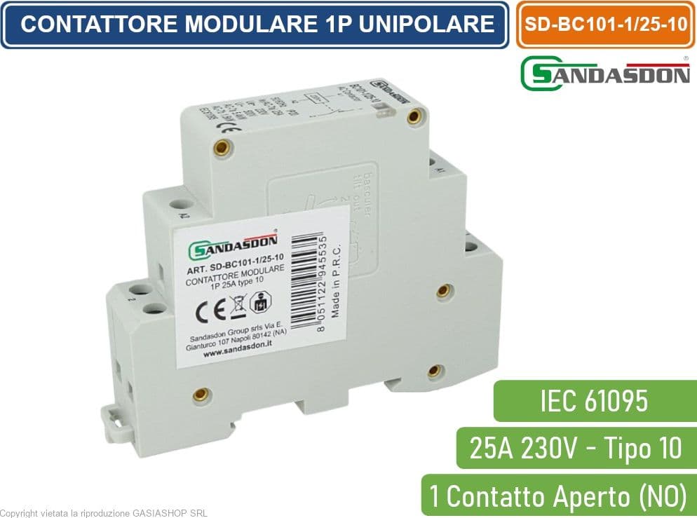 SANDASDON CONTATTORE MODULARE SU BARRA DIN 1P UNIPOLARE 25A 230V 1 CONTATTO APERTO NO TIPO 10 - 2