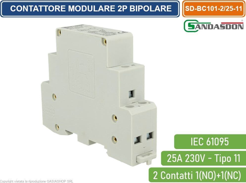SANDASDON CONTATTORE MODULARE SU BARRA DIN 2P BIPOLARE 25A 230V 1 CONTATTO APERTO NO + 1 CONTATTO CHIUSO NC TIPO 11 - 2